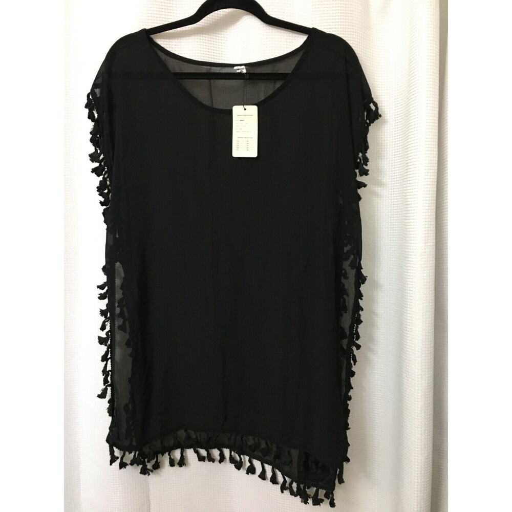 GD Key Womens Swim Cover Up Size S/M Black Sheer Scoop Neck Tassel 44X30" New A7